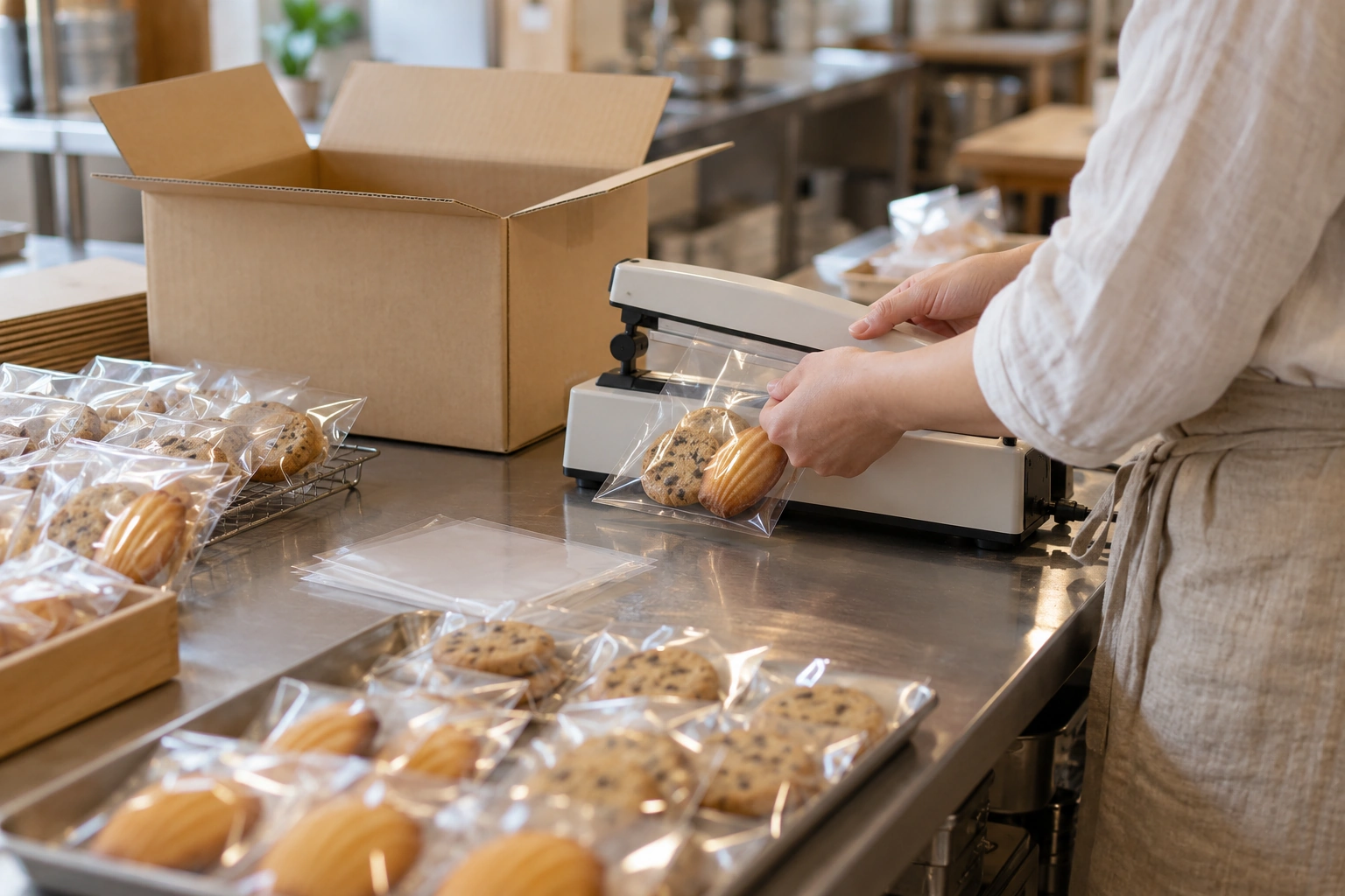 レンタル厨房で作った焼き菓子を袋詰めして出荷を準備する様子