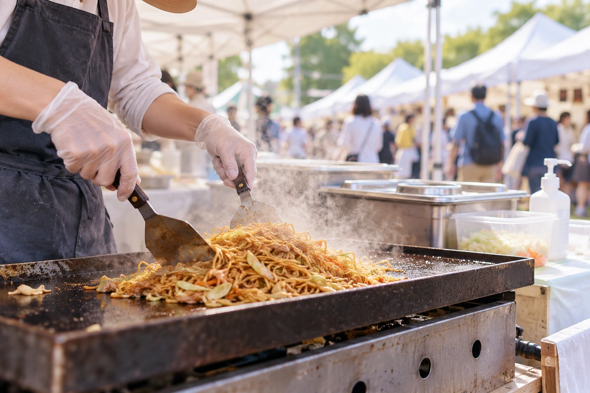 イベントのテントで鉄板の焼きそばを加熱調理する手元