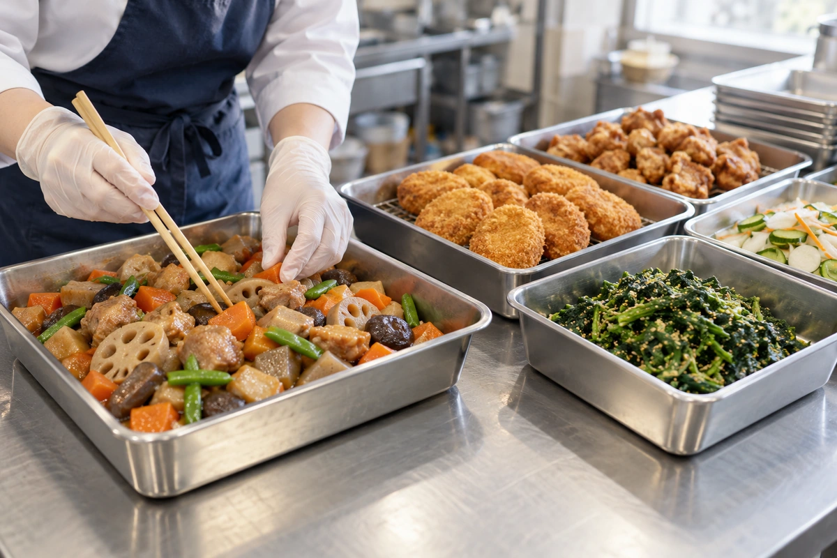 業務用厨房の作業台に並んだ煮物・揚げ物・あえ物などの惣菜