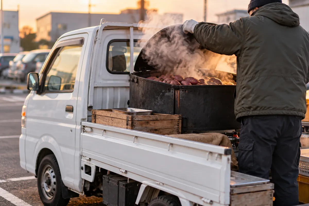 私有地の駐車場に止めた軽トラックで焼き芋を売る準備をする後ろ姿